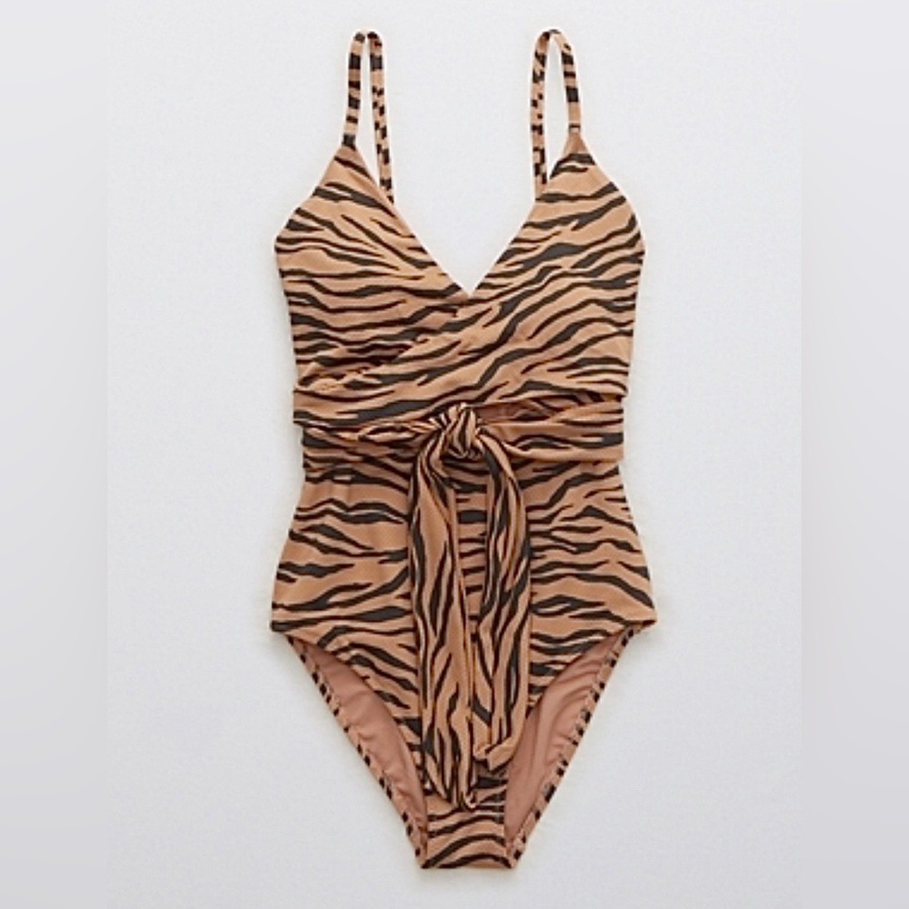 Aerie Pique Animal Print Wrap One Piece Swimsuit Size Small